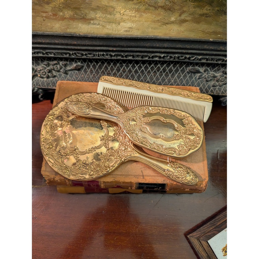 Vintage Ornate Gold Tone 3 Piece Vanity Set Mirror Brush Comb Floral Repousse